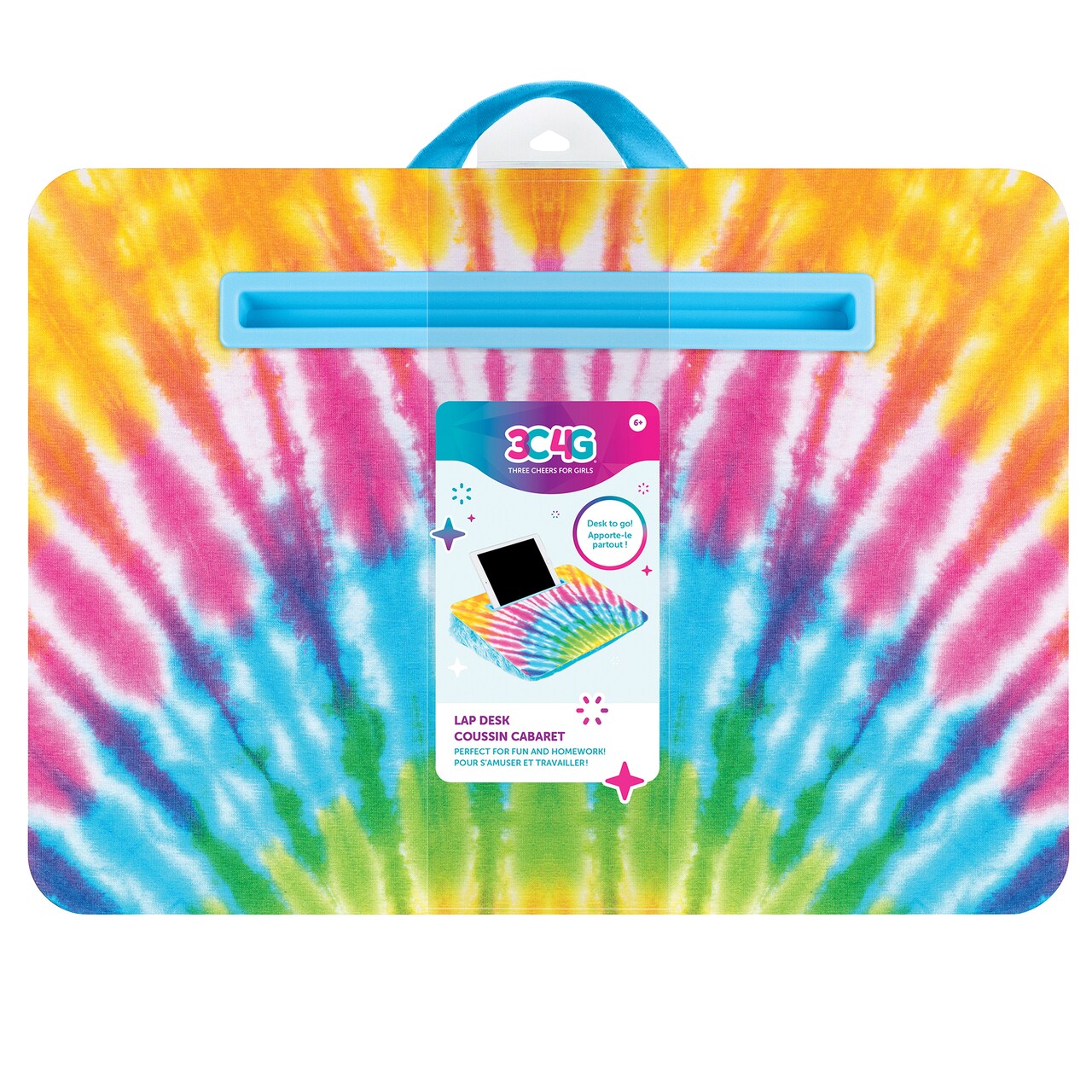 3C4G: Tie Dye Lap Desk - Make It Real, Tweens & Girls, Portable Lap Pillow Desk W/ Handle, Versatile Media Slot - 12” x 17”, Cozy Plush Cushion, Perfect For Fun & Homework, Three Cheers For Girls, Kids Ages 6+